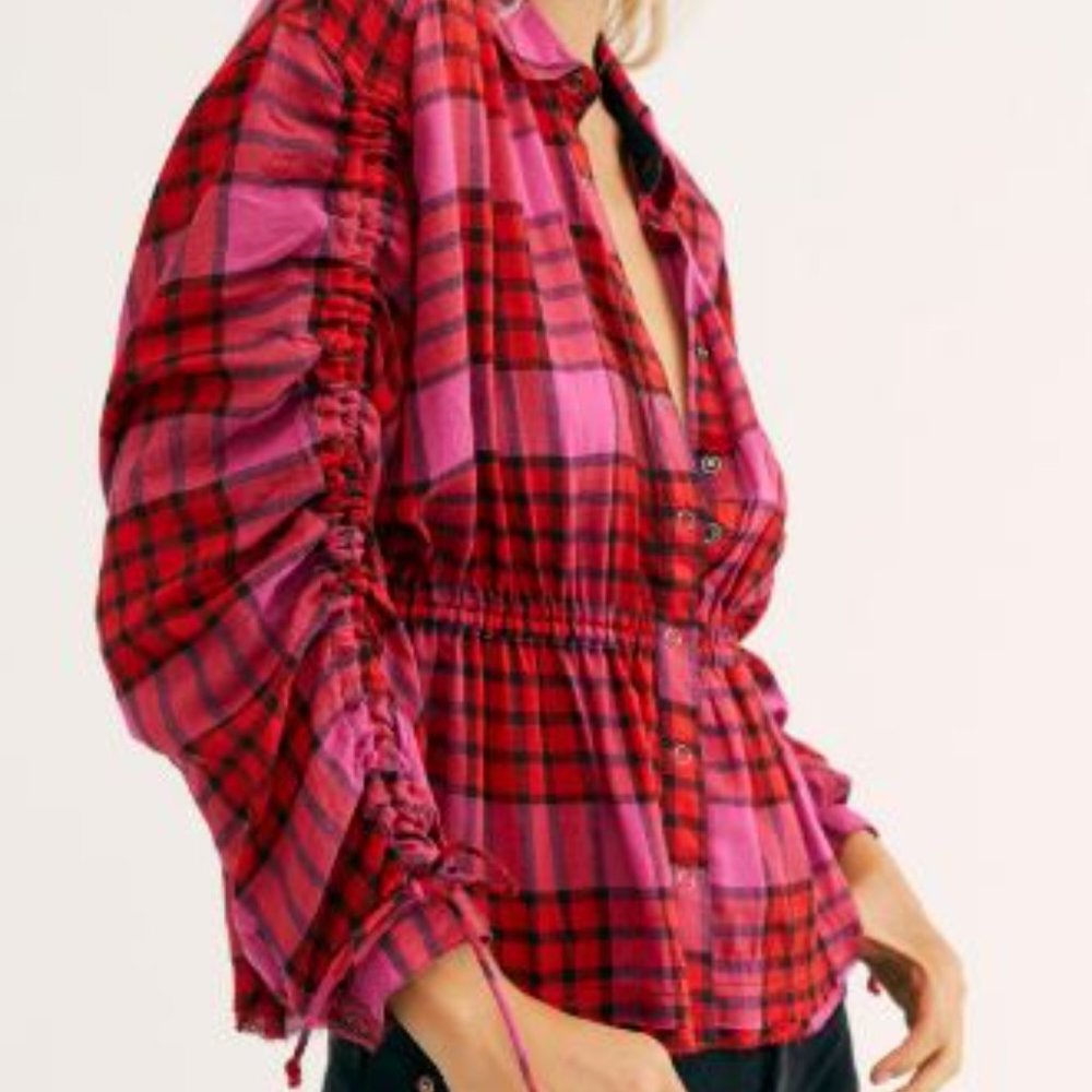 SOLD!--We The Free Pacific Dawn Pink Red Plaid Ruched Sleeve Shirt, Wool/ Small - Picture 1 of 9
